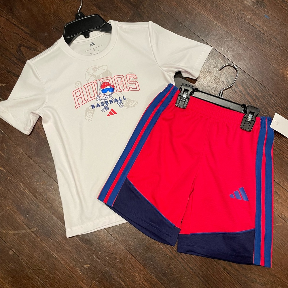 Adidas White Tee and Red Shorts with Blue Stripes
